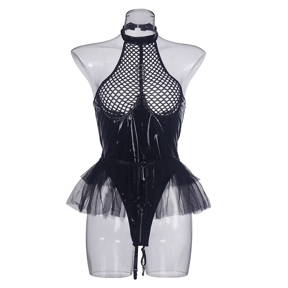 Sexy PU patent leather mesh splicing hanging neck underwear mesh canopy skirt garter belt detachable jumpsuit