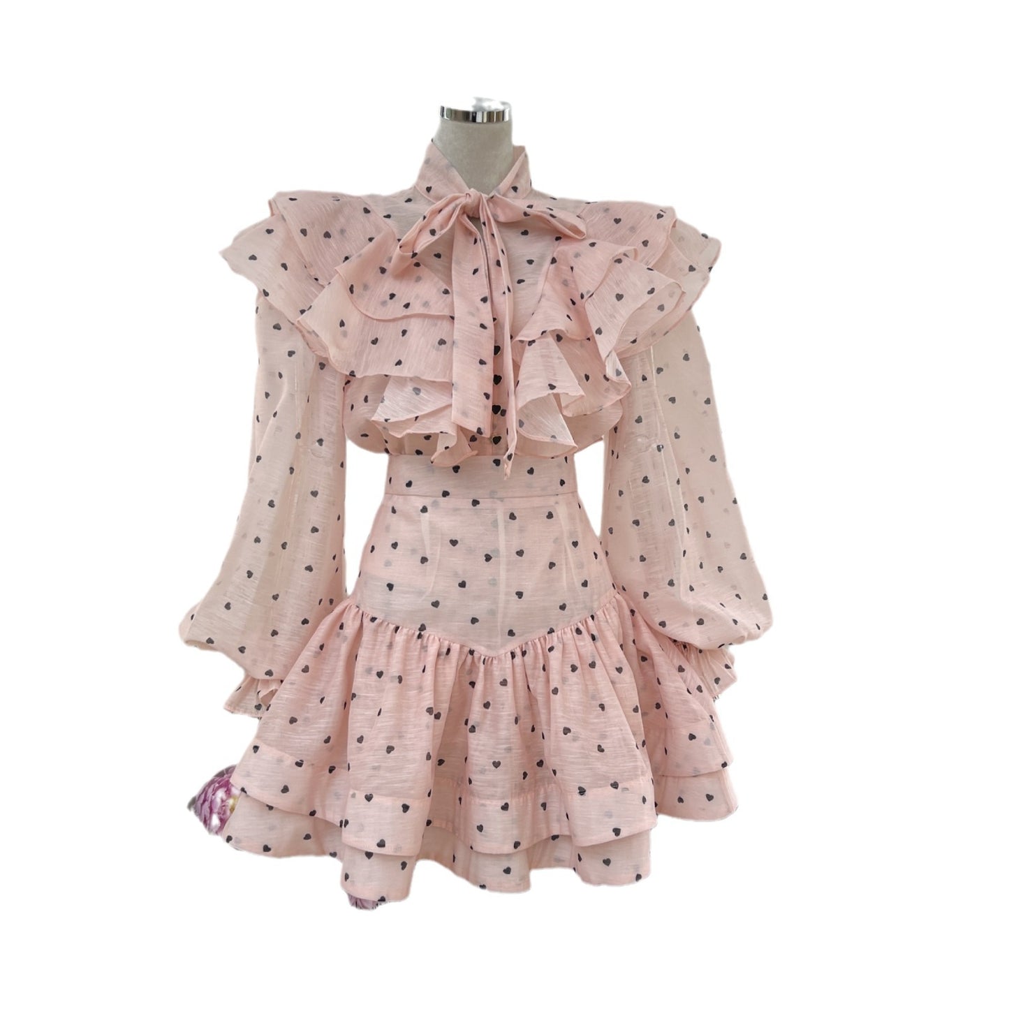 French ruffled bow heart-shaped printed shirt+high waisted short skirt set with a cold and luxurious feel