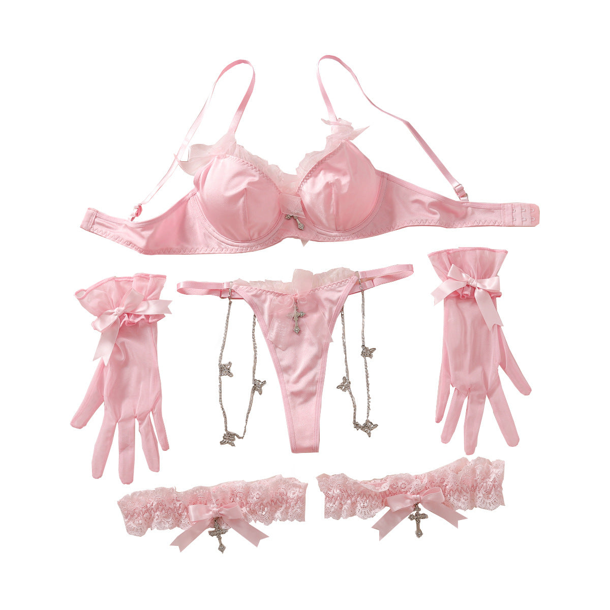 Japanische süße Mädchen rosa Schleife Sex BH Set elegante Spitze sexy Unterwäsche Unterwäsche vierteiliges Set