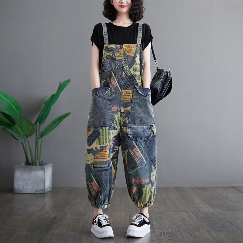 Artistic retro printed denim overalls for women fashionable ankle binding one-piece overalls