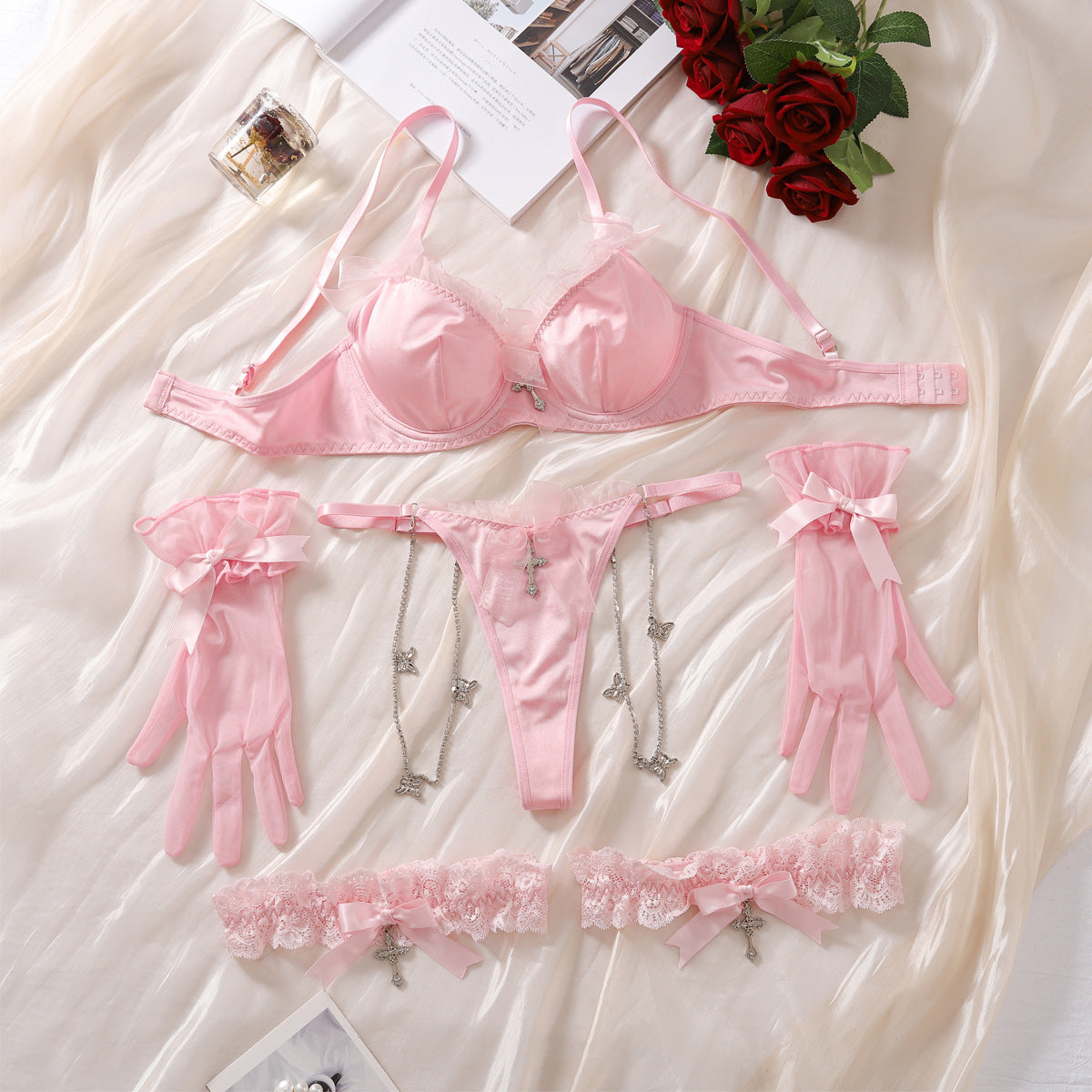 Japanische süße Mädchen rosa Schleife Sex BH Set elegante Spitze sexy Unterwäsche Unterwäsche vierteiliges Set