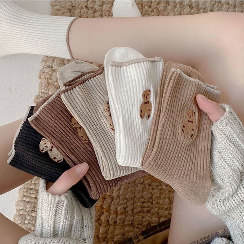 Women's Cute Bear Cotton Socks Comfortable Soft Crew Breathable Sports Sock Cartoon Short Sock Middle Tube Socks  6 pairs