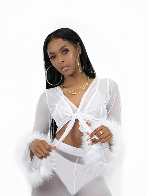 Summer Women See Through Mesh High Waist Pants and Long Sleeve Crop Top Sets Party Clubwear Sexy Faux Fur Outfit Two Piece Sets