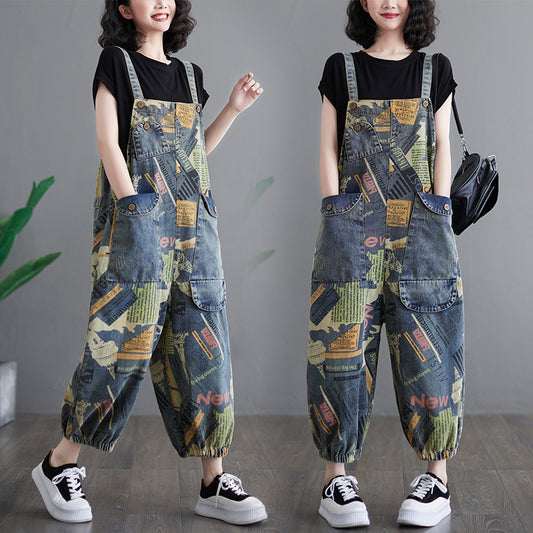 Künstlerischer Denim-Overall mit Retro-Print für Damen, modischer einteiliger Overall mit Knöchelbindung