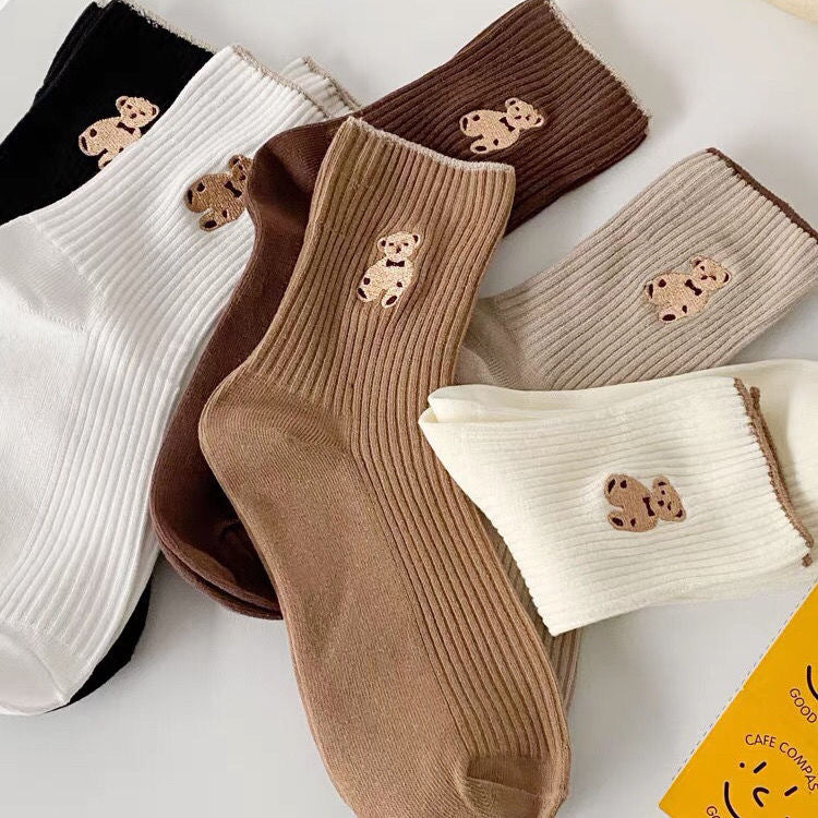 Women's Cute Bear Cotton Socks Comfortable Soft Crew Breathable Sports Sock Cartoon Short Sock Middle Tube Socks  6 pairs