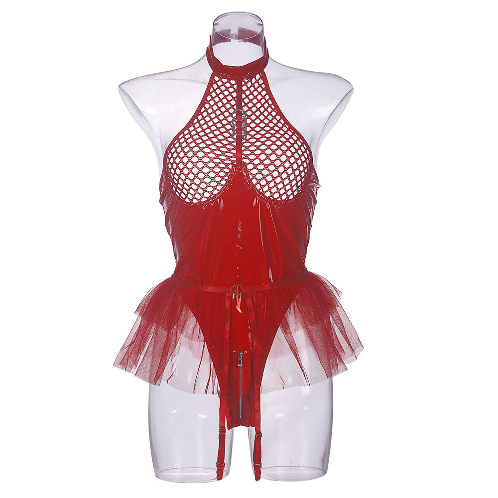 Sexy PU patent leather mesh splicing hanging neck underwear mesh canopy skirt garter belt detachable jumpsuit