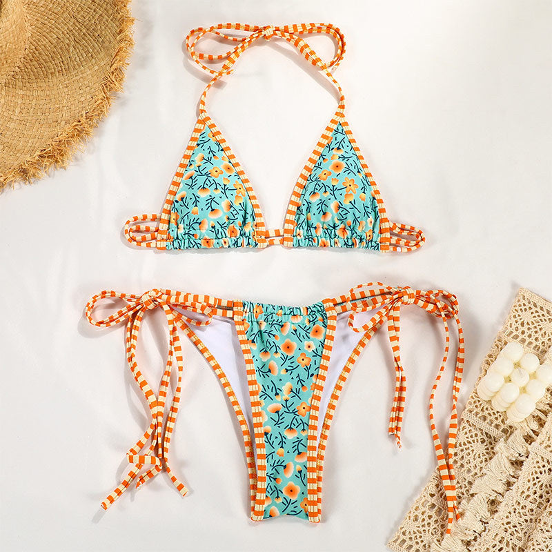 European and American new split swimsuits for women's foreign trade, color blocking printed straps, sexy bikinis