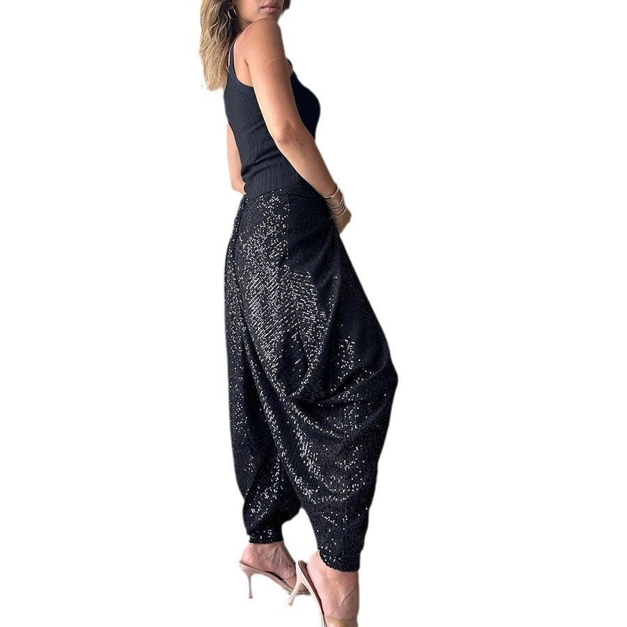 Loose sequin trousers INS elastic waist casual bloomers