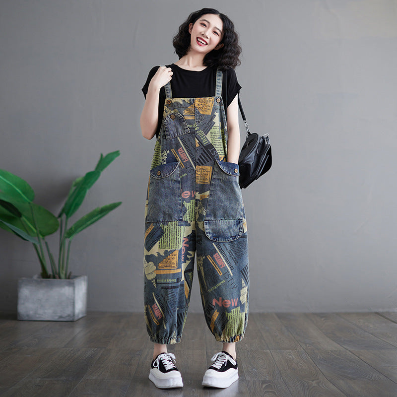 Artistic retro printed denim overalls for women fashionable ankle binding one-piece overalls