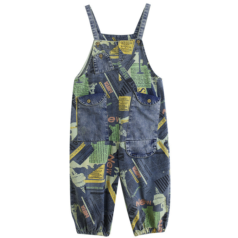 Artistic retro printed denim overalls for women fashionable ankle binding one-piece overalls