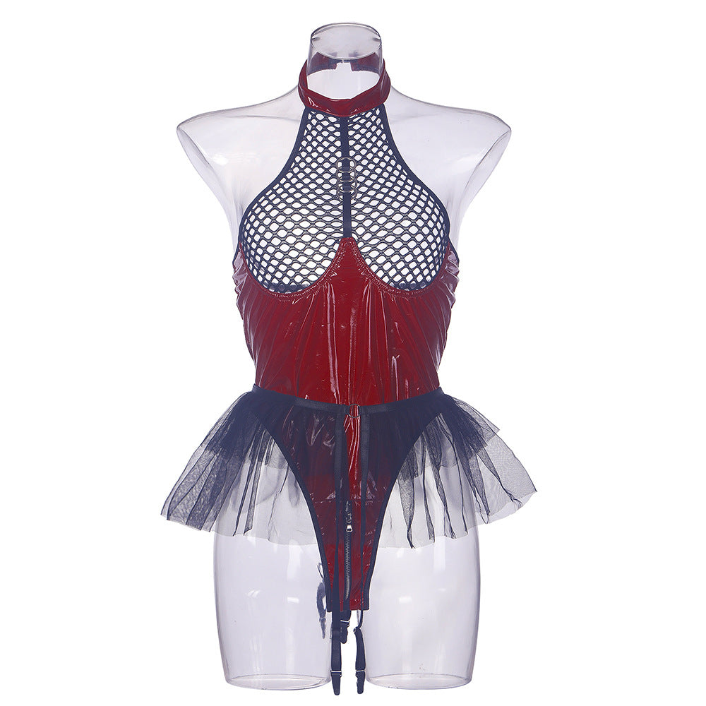 Sexy PU patent leather mesh splicing hanging neck underwear mesh canopy skirt garter belt detachable jumpsuit