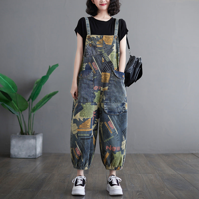 Artistic retro printed denim overalls for women fashionable ankle binding one-piece overalls