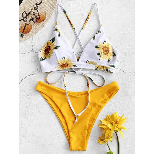 Sunflower Printed Bikini Set Sexy Swimwear Women 2025 Mujer Push Up