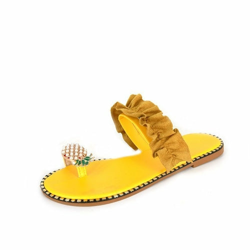 Pantuflas de playa planas con diseño de piña y perlas para mujer 