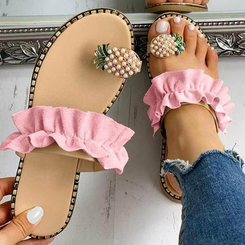 Pantuflas de playa planas con diseño de piña y perlas para mujer 