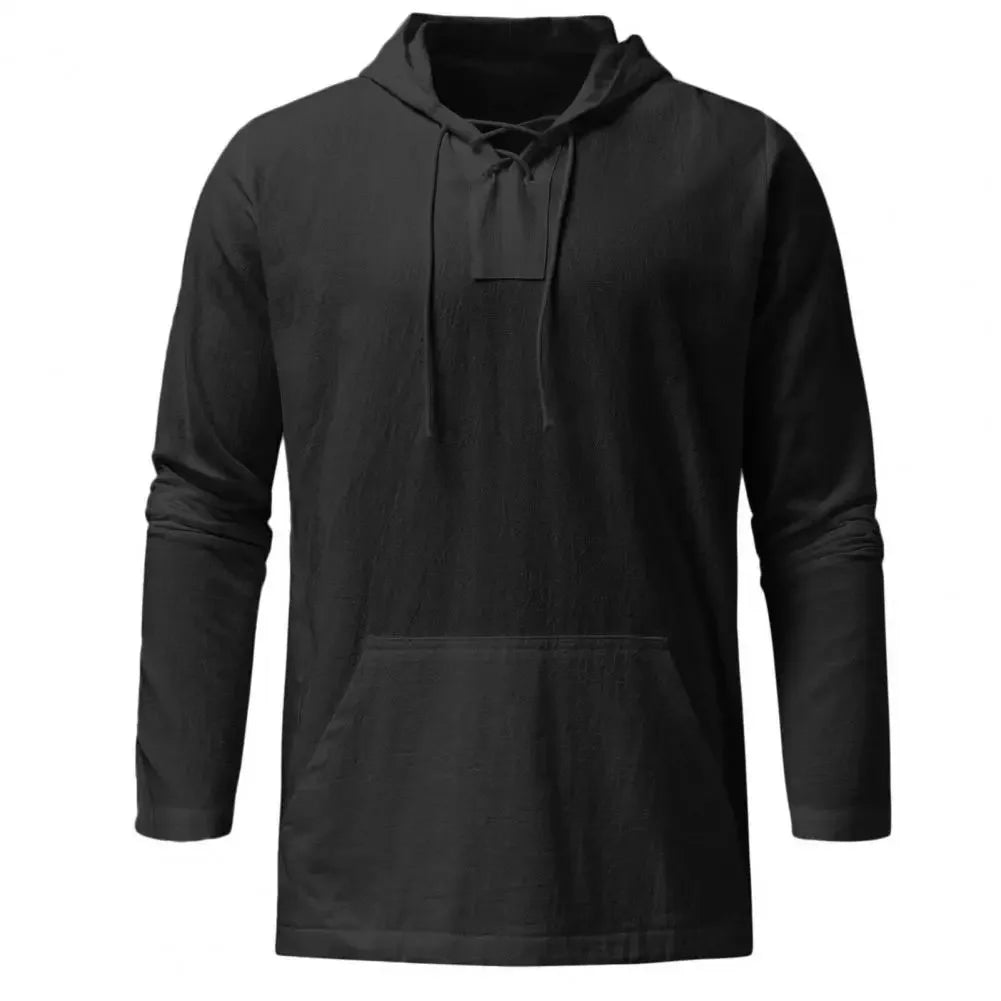 Spring Summer Cotton Linen Men's Hooded Pullover Solid Thin Long Sleeve Shirts With Hat Casual String Lace Up T-shirts Men Tops