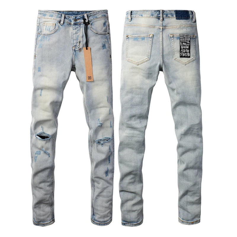 24fw American Fashion Brand KSUBI New Retro Washed Light Colored Jeans Men Women High Street Ripped Elastic Slim Fit Denim Pants