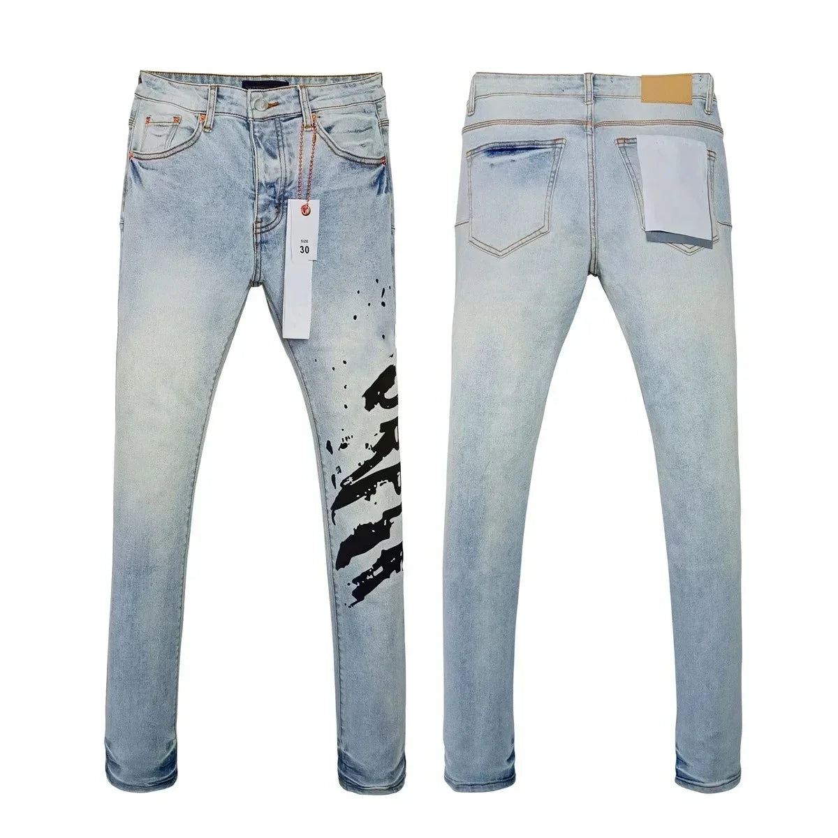 Top quality Purples jeans Men High street Light Blue print letters Fashion Trend brand Repair Low Rise Elastic Skinny Trousers