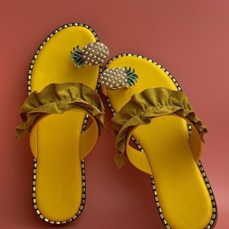 Pantuflas de playa planas con diseño de piña y perlas para mujer 