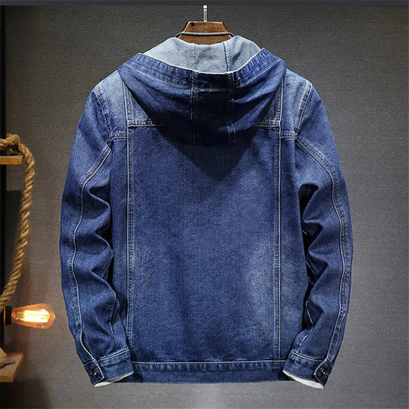 Spring Autumn Men's Hooded Denim Jacket Windproof Casual Coats Male Large Pocket Sports Denim Jackets Solid Fashion Streetwear