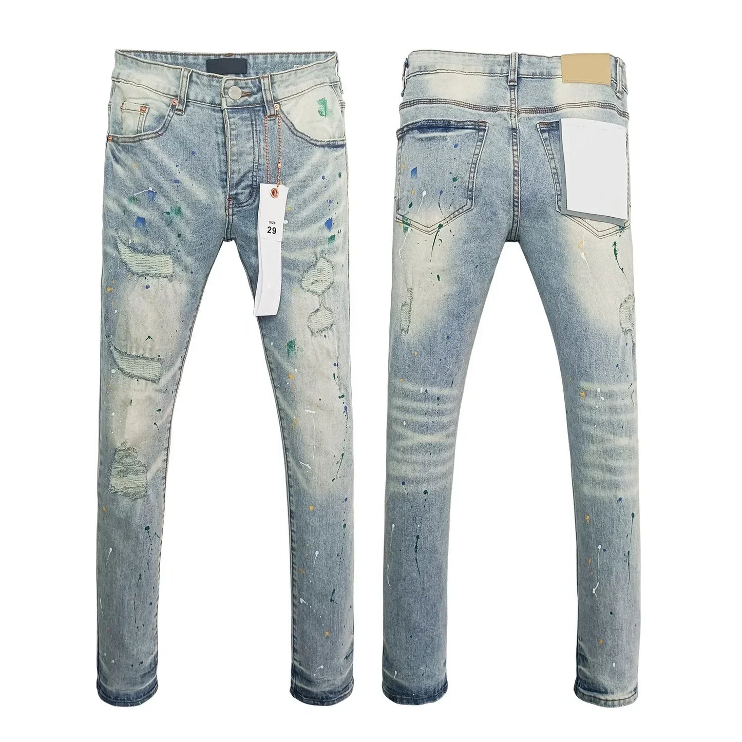 Top quality Purples jeans Men High street Light Blue print letters Fashion Trend brand Repair Low Rise Elastic Skinny Trousers