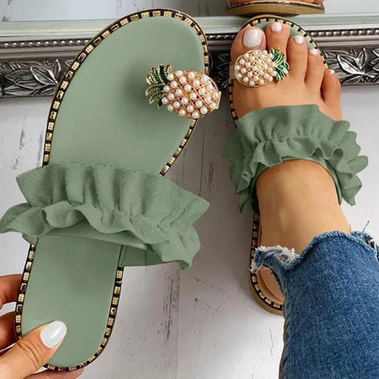 Pantuflas de playa planas con diseño de piña y perlas para mujer 