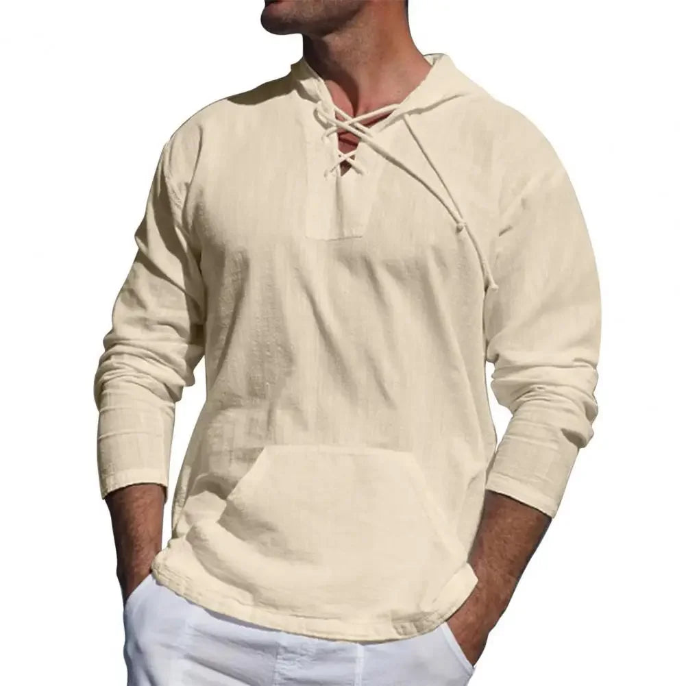 Spring Summer Cotton Linen Men's Hooded Pullover Solid Thin Long Sleeve Shirts With Hat Casual String Lace Up T-shirts Men Tops