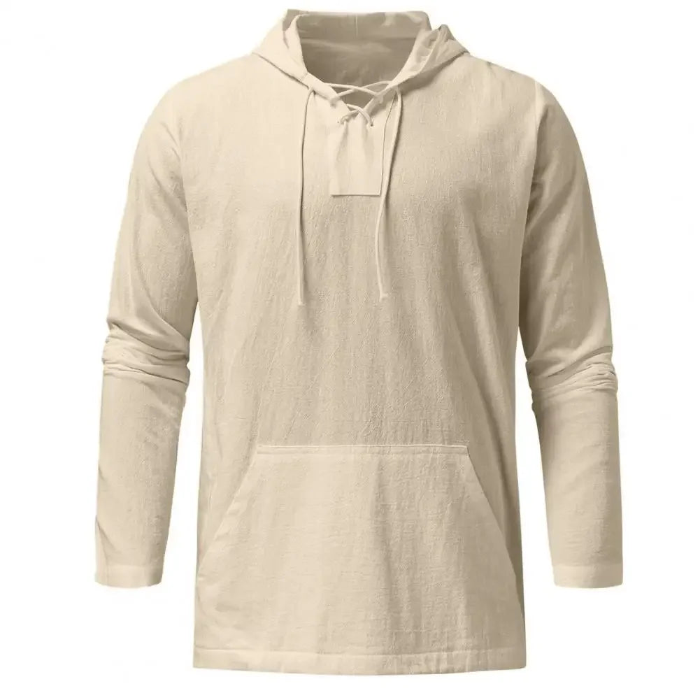 Spring Summer Cotton Linen Men's Hooded Pullover Solid Thin Long Sleeve Shirts With Hat Casual String Lace Up T-shirts Men Tops