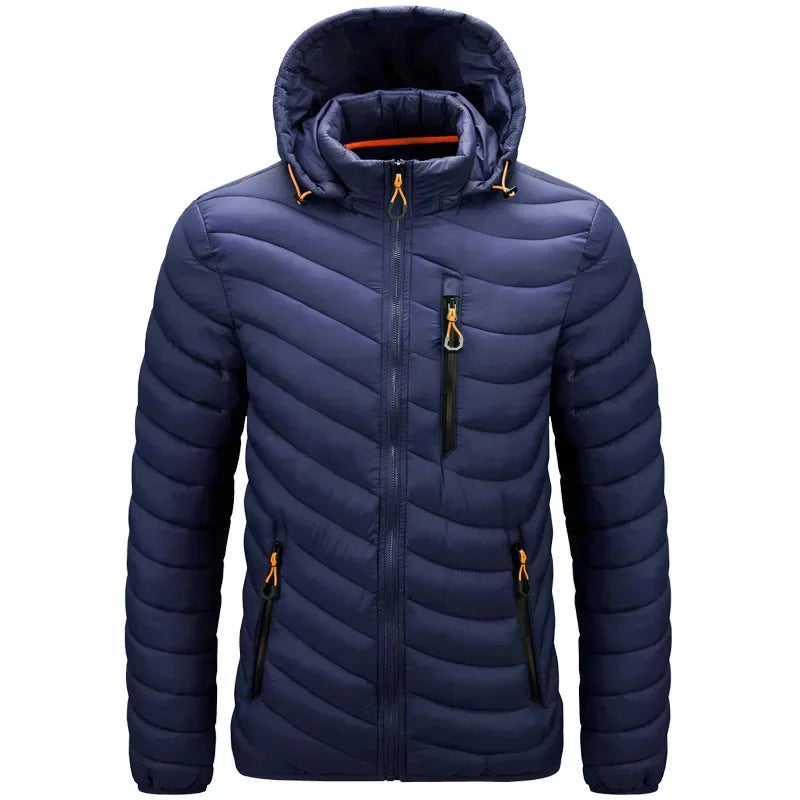 Men's Winter New Solid Color Casual Lightweight Warm Detachable Hooded Zipper Stand Collar Cotton-padded Clothes , Young Man