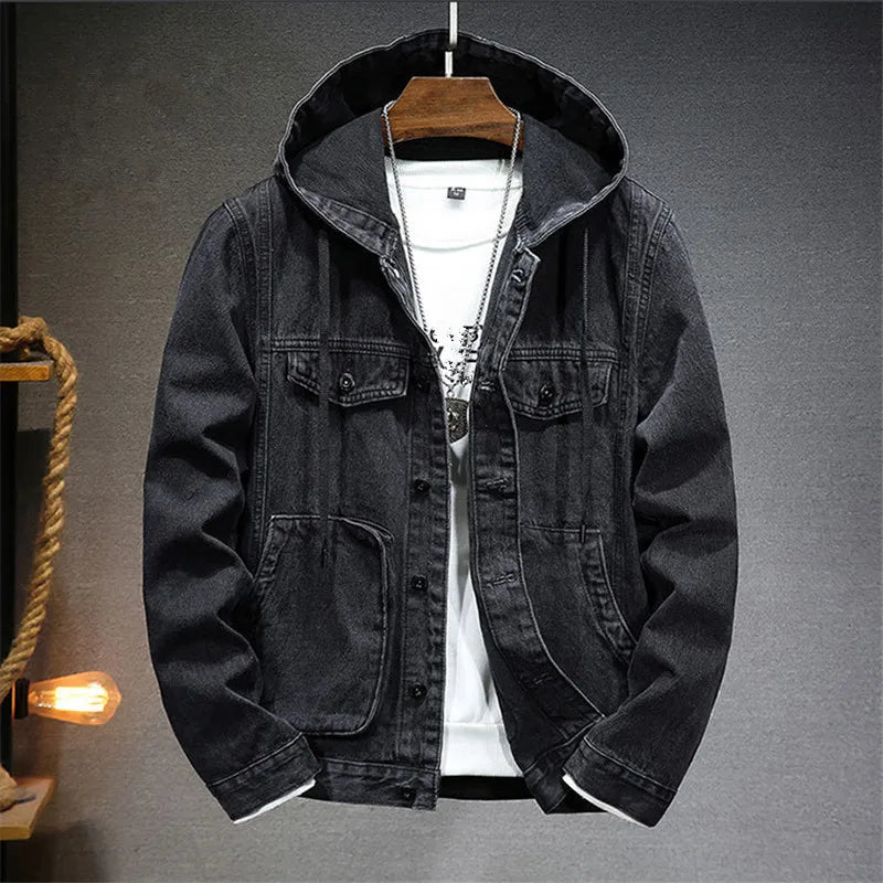 Spring Autumn Men's Hooded Denim Jacket Windproof Casual Coats Male Large Pocket Sports Denim Jackets Solid Fashion Streetwear