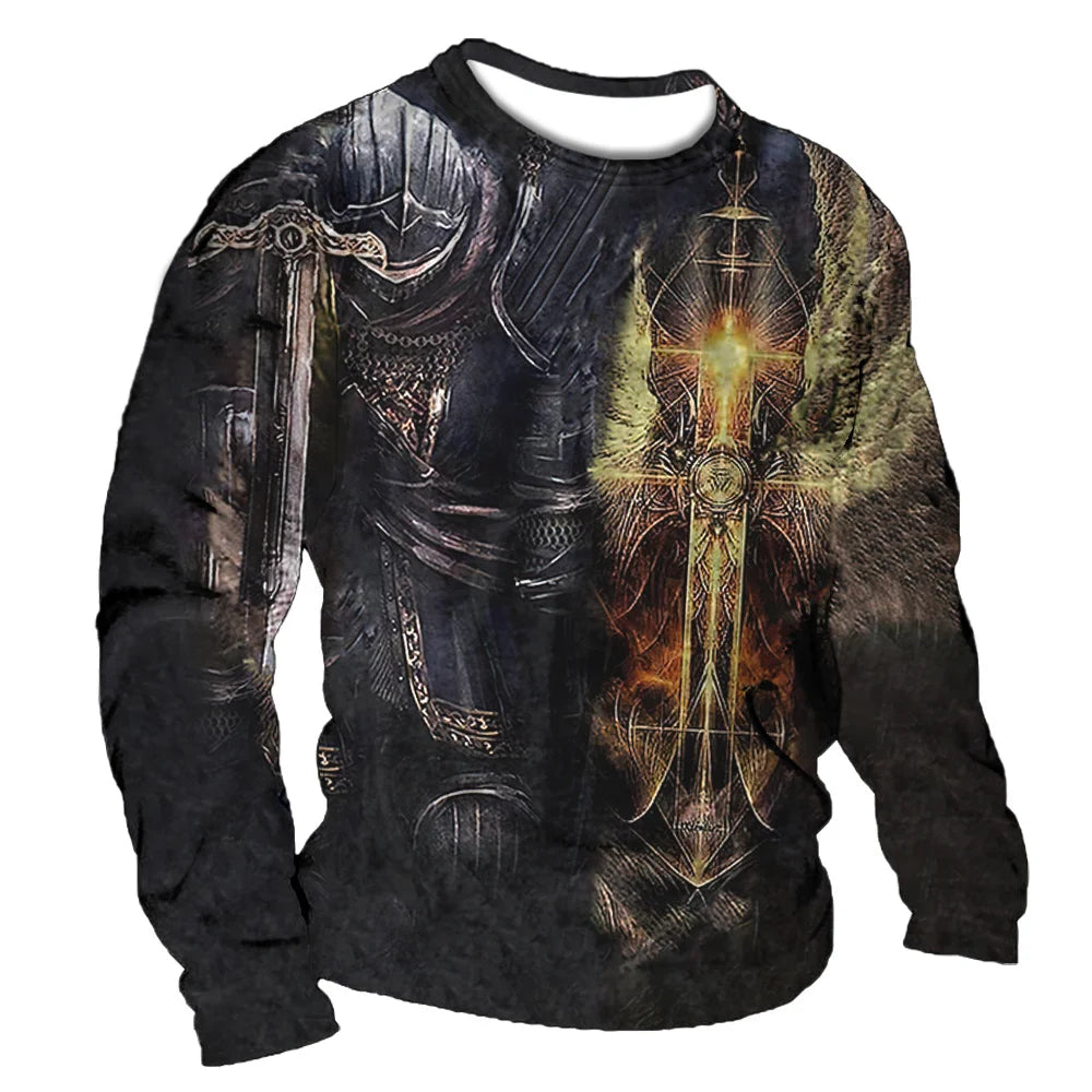 Crusader Graphic T-shirts Men's Long-Sleeved T Shirt Fall Vintage Tops 5xl Print 3d Tees Casual Oversized Loose Clothes