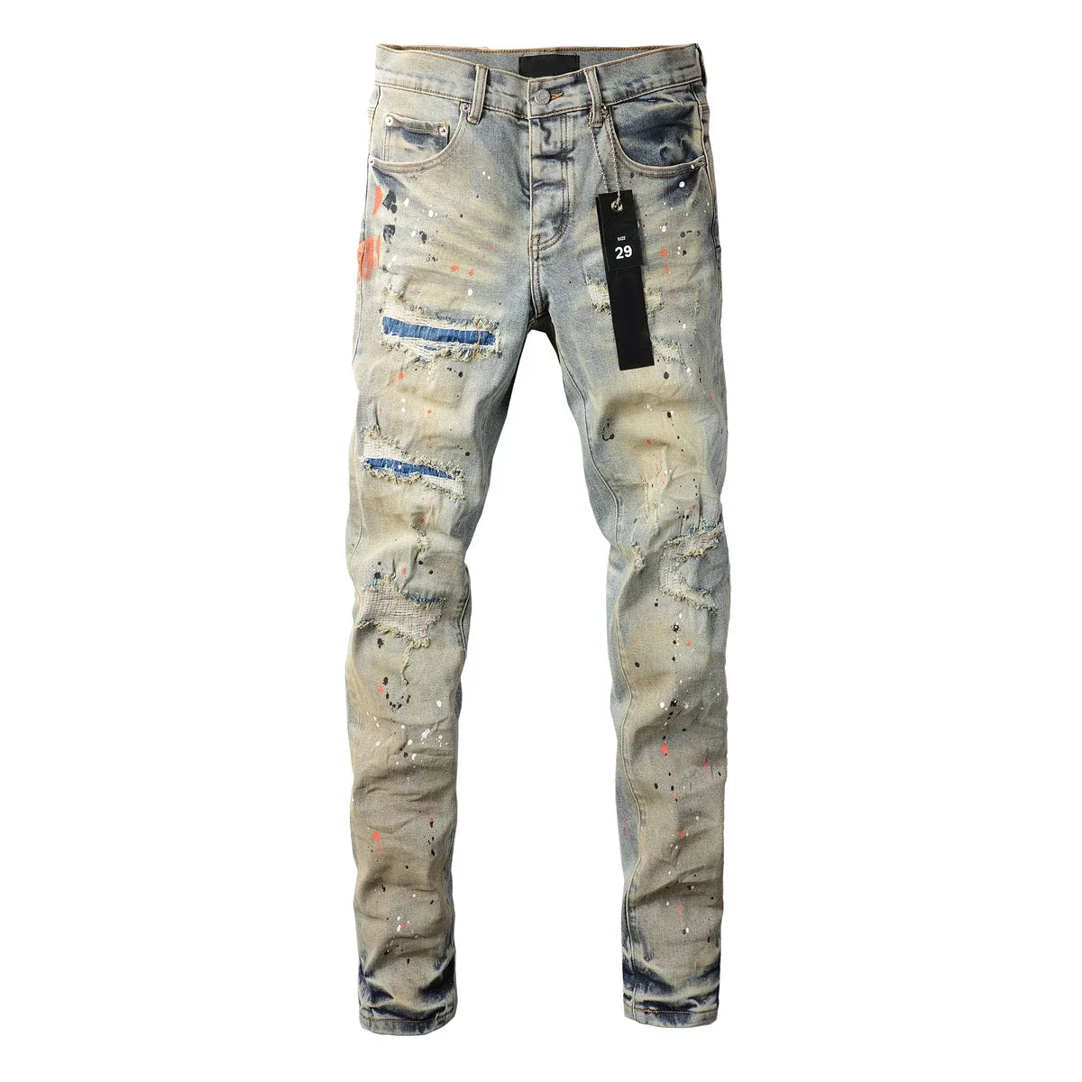 Neue Purples 2024 Herren Jeans mit Top Street Distressed Paint Repair Low Rise Skinny Denim Markenhosen