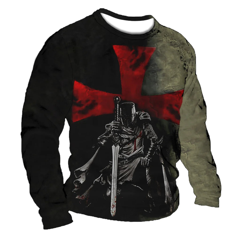 Crusader Graphic T-shirts Men's Long-Sleeved T Shirt Fall Vintage Tops 5xl Print 3d Tees Casual Oversized Loose Clothes