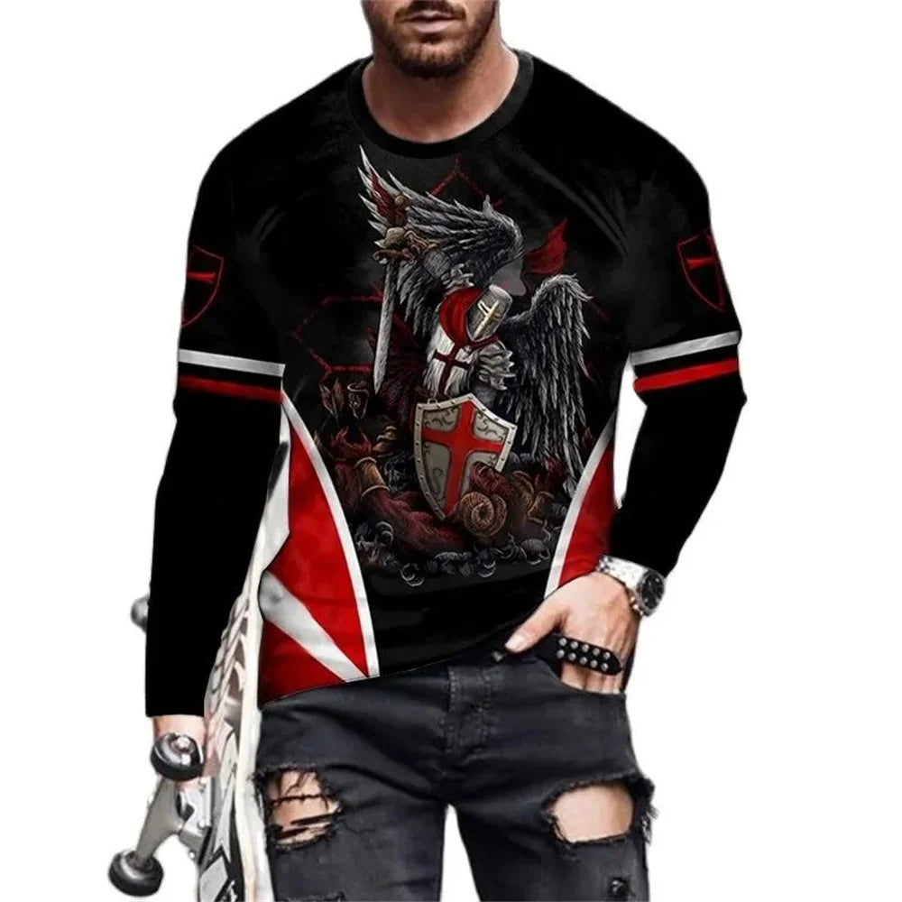 Vintage Print Men T-Shirts Samurai Pattern Knights Templar 3D Top Cotton Tee Streetwear Autumn Long Sleeve Oversized T Shirt 5xl