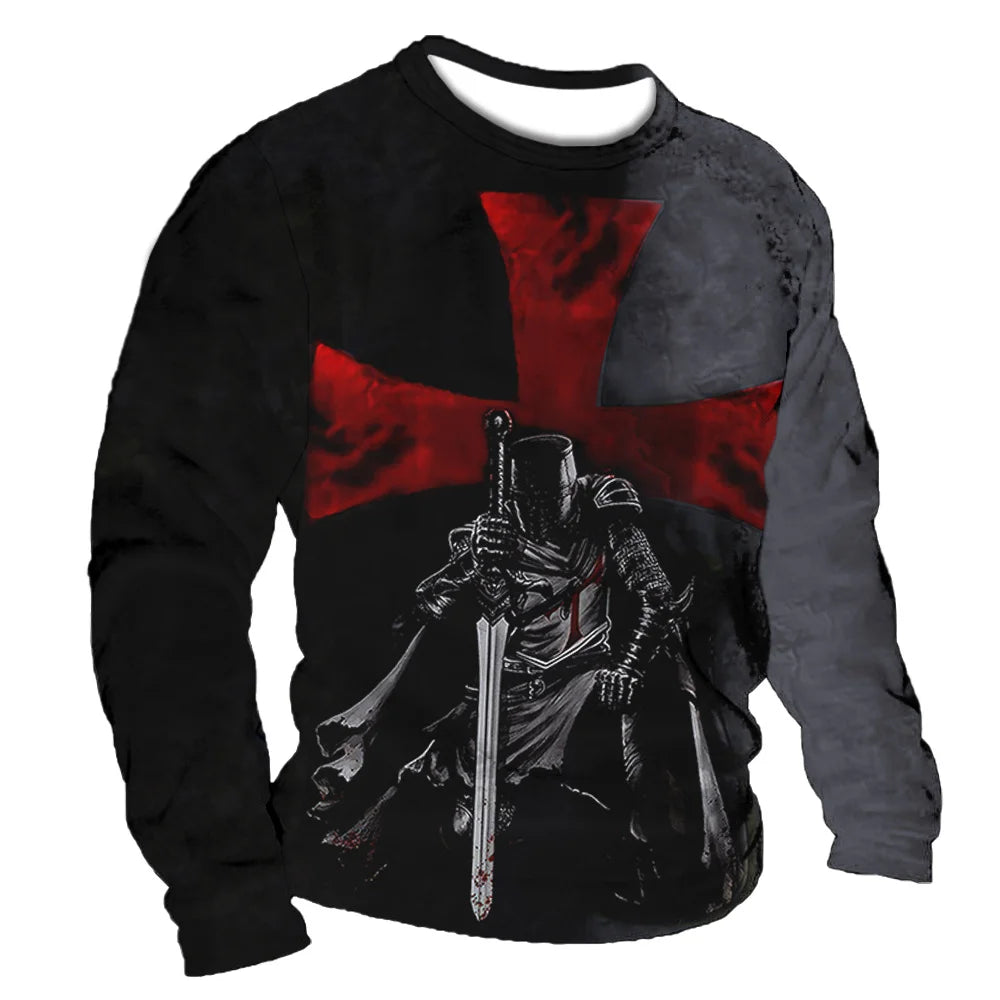 Crusader Graphic T-shirts Men's Long-Sleeved T Shirt Fall Vintage Tops 5xl Print 3d Tees Casual Oversized Loose Clothes