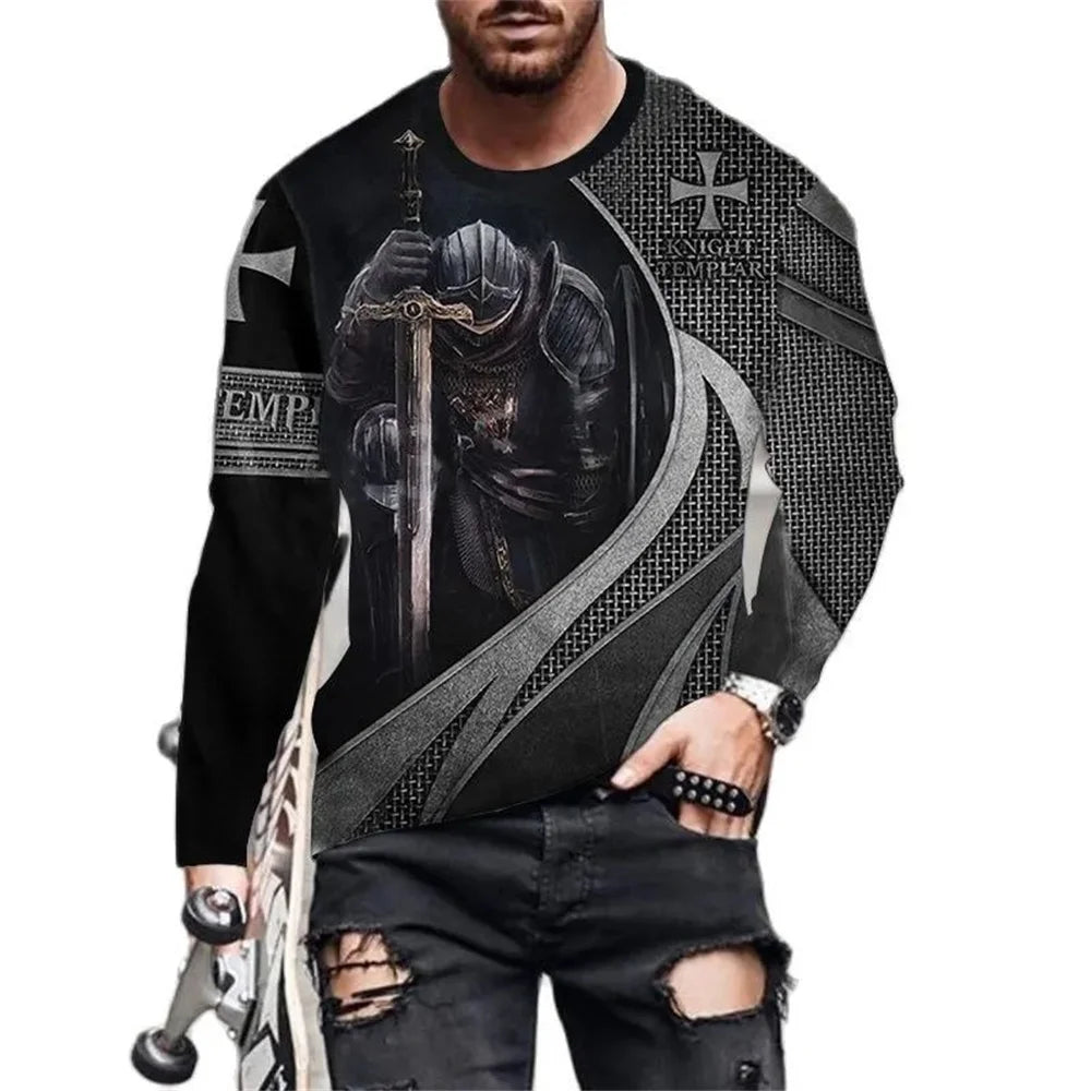 Vintage Print Men T-Shirts Samurai Pattern Knights Templar 3D Top Cotton Tee Streetwear Autumn Long Sleeve Oversized T Shirt 5xl