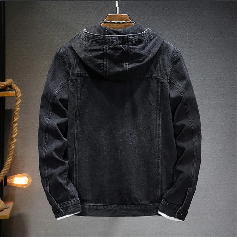 Spring Autumn Men's Hooded Denim Jacket Windproof Casual Coats Male Large Pocket Sports Denim Jackets Solid Fashion Streetwear