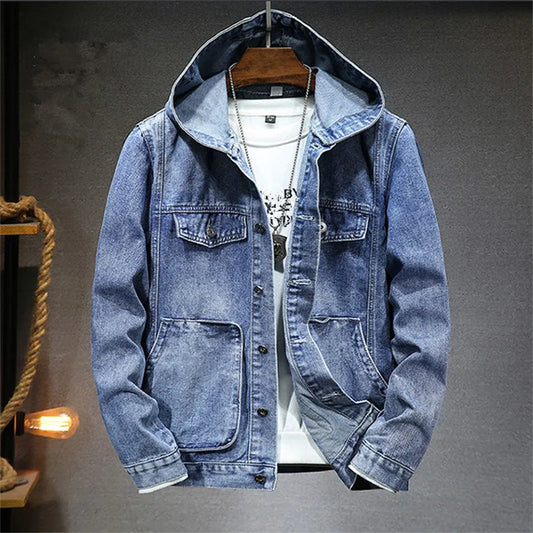 Spring Autumn Men's Hooded Denim Jacket Windproof Casual Coats Male Large Pocket Sports Denim Jackets Solid Fashion Streetwear