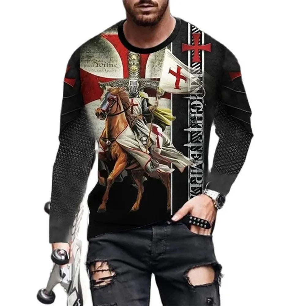 Vintage Print Men T-Shirts Samurai Pattern Knights Templar 3D Top Cotton Tee Streetwear Autumn Long Sleeve Oversized T Shirt 5xl