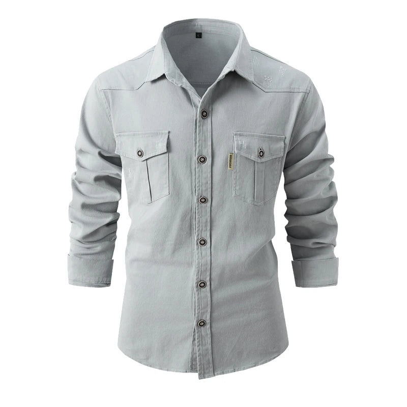 Neues Frühlings-Social-Shirt aus Baumwolle für Herren, einfarbig, hochwertiges Langarm-Shirt für Männer, Revers, lässig, Social-Herrenhemden