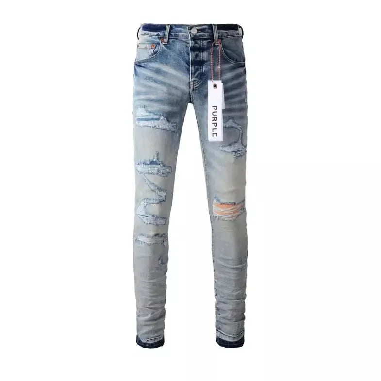 Lila Blau Zerrissene Jeans High Street Casual Hosen