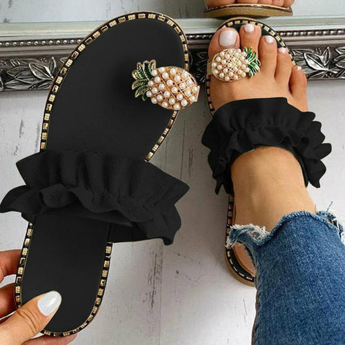 Pantuflas de playa planas con diseño de piña y perlas para mujer 