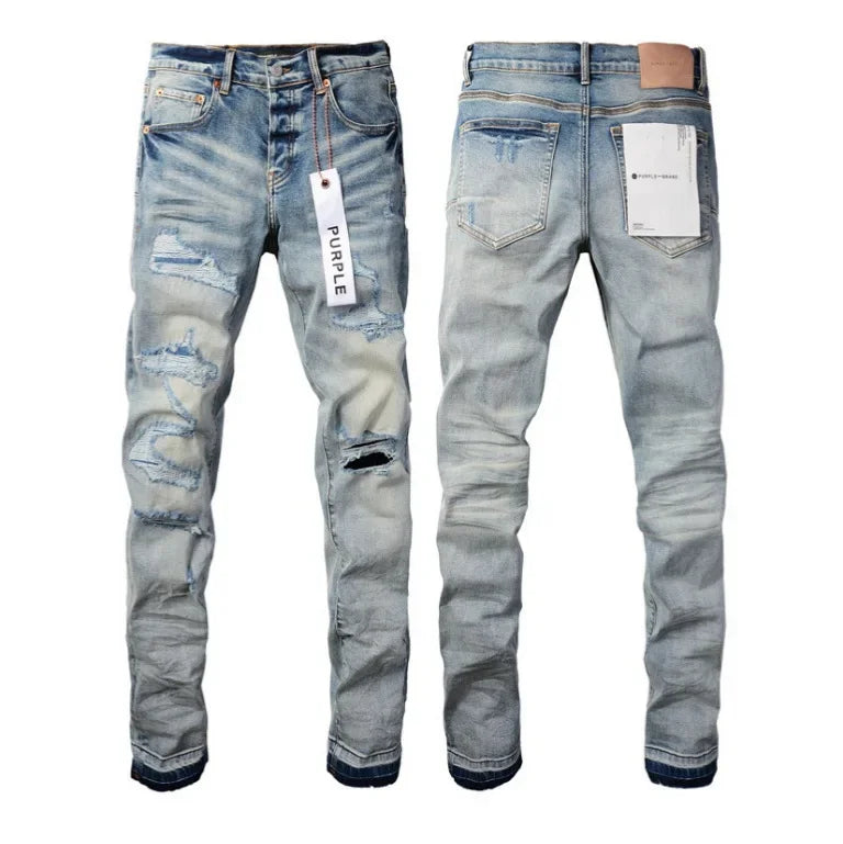 Lila Blau Zerrissene Jeans High Street Casual Hosen