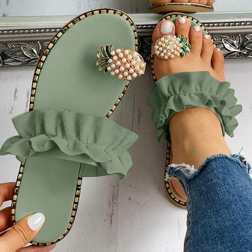 Pineapple Pearl Beach Slides Flat Toe Casual Womens Slippers