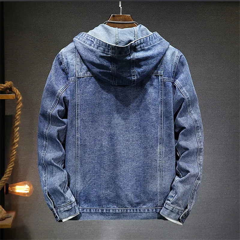 Spring Autumn Men's Hooded Denim Jacket Windproof Casual Coats Male Large Pocket Sports Denim Jackets Solid Fashion Streetwear