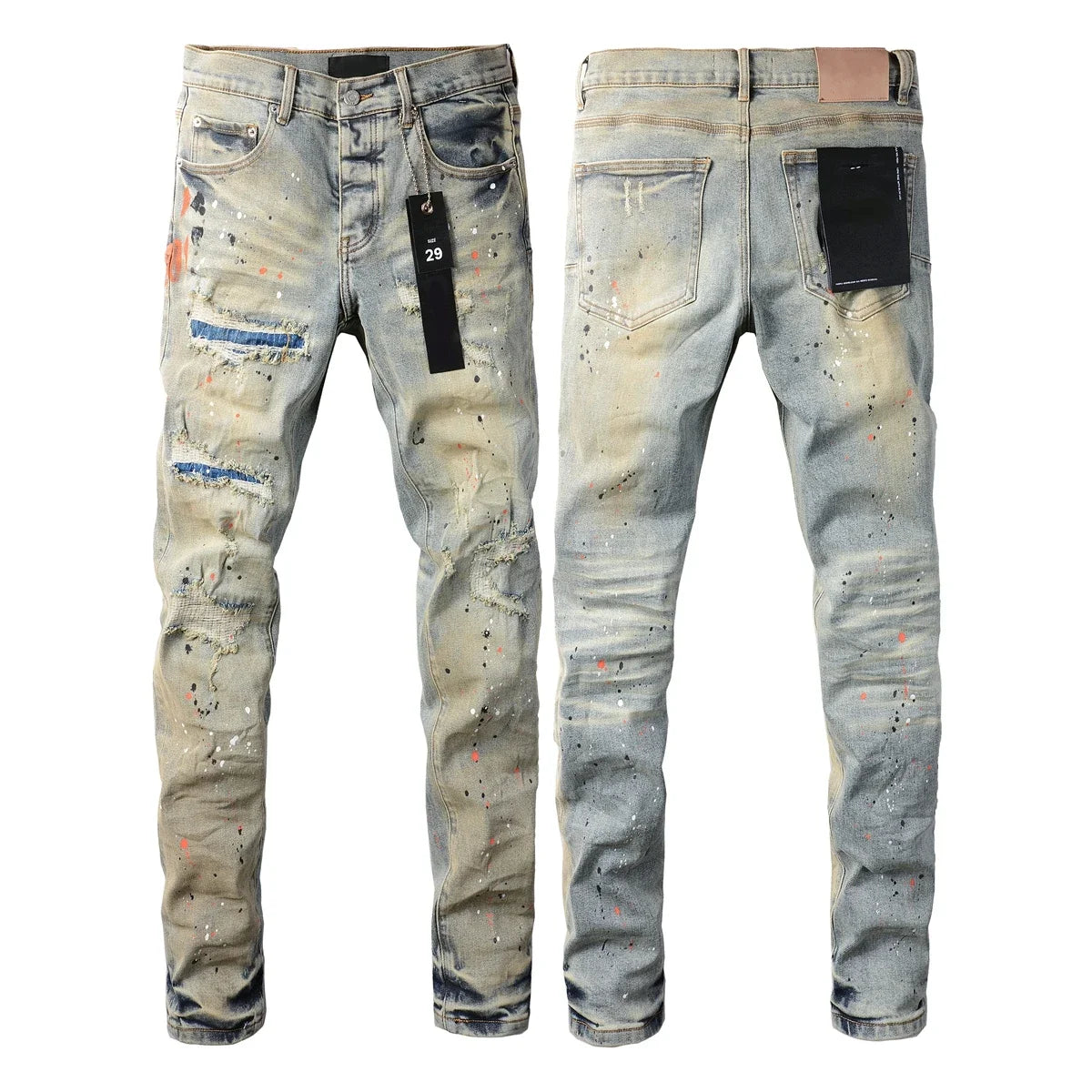 Neue Purples 2024 Herren Jeans mit Top Street Distressed Paint Repair Low Rise Skinny Denim Markenhosen