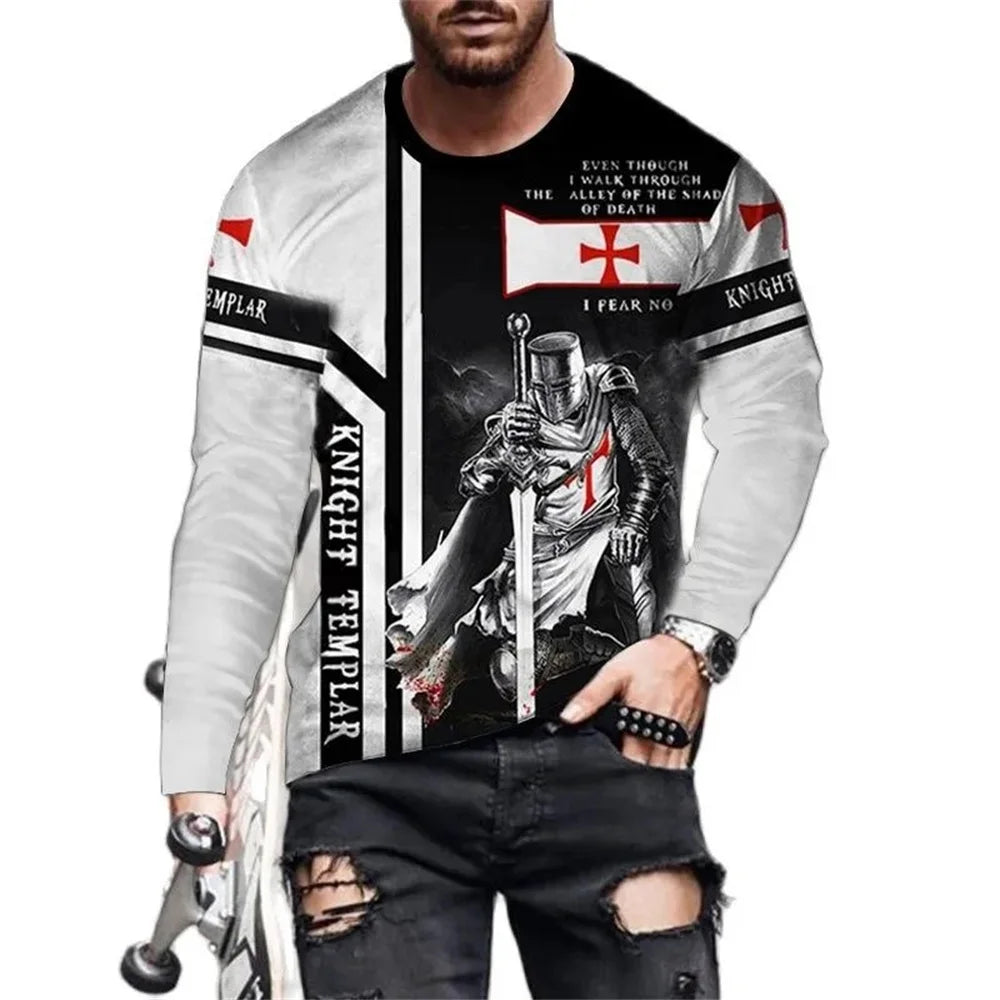 Vintage Print Men T-Shirts Samurai Pattern Knights Templar 3D Top Cotton Tee Streetwear Autumn Long Sleeve Oversized T Shirt 5xl