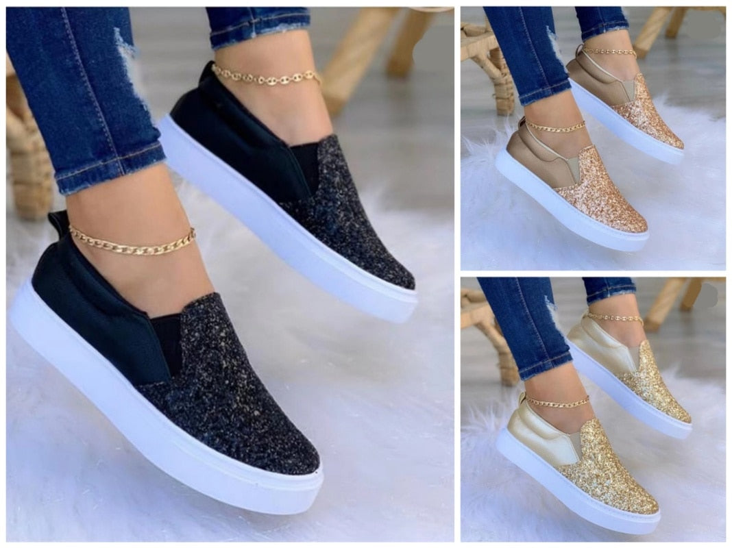 Mocasines planos con purpurina para mujer, color negro, oro rosa, negro y dorado 