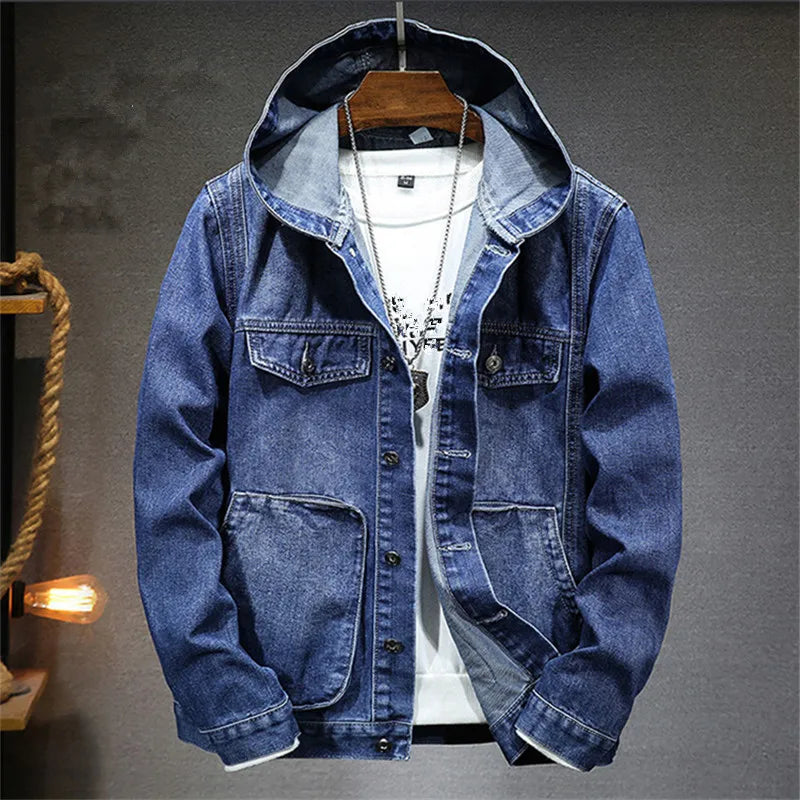 Spring Autumn Men's Hooded Denim Jacket Windproof Casual Coats Male Large Pocket Sports Denim Jackets Solid Fashion Streetwear