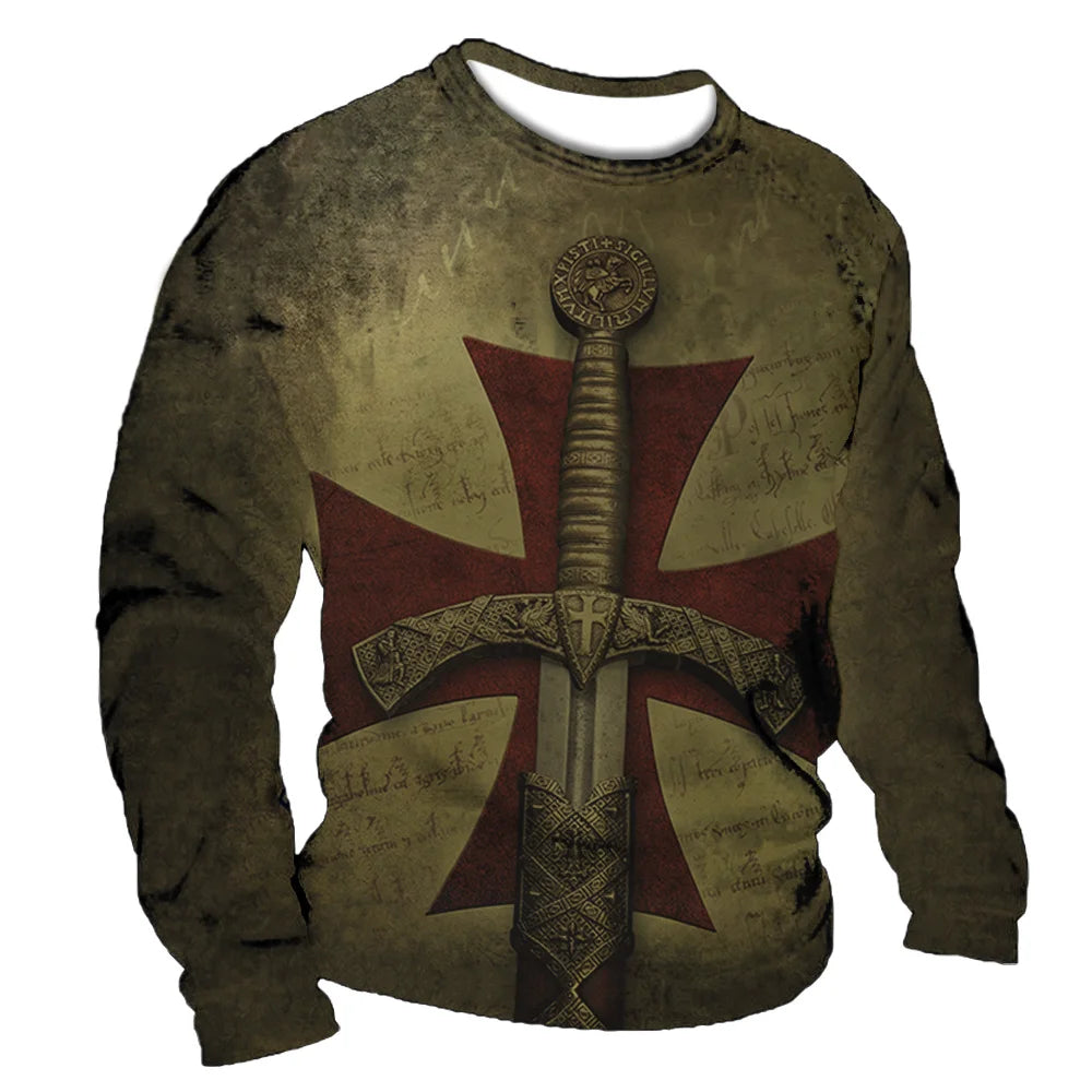 Crusader Graphic T-shirts Men's Long-Sleeved T Shirt Fall Vintage Tops 5xl Print 3d Tees Casual Oversized Loose Clothes